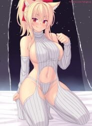1girls blonde_hair breasts cat_ears cat_girl catgirl female hips huge_breasts kemonomimi kneeling long_hair naughty_face red_eyes smile suggestive_look sweater thick_thighs thighs tiffy tiffynyaa virgin_destroyer_sweater virgin_killer_sweater