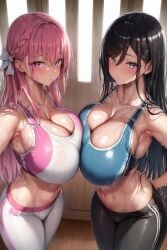 2023 2girls ai_generated anime_nose black_hair blue_eyes blush breasts cleavage female green_eyes gym_uniform heterochromia holaraai huge_breasts indoors light-skinned_female light_skin long_hair massive_breasts midriff navel original original_character pink_eyes pink_hair selfie slim_waist sports_bra sportswear stable_diffusion sweat sweaty_body thick_thighs thighs tight_clothing yoga_pants