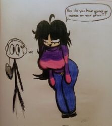 big_breasts big_thighs black_hair jeans krala_ulti needlemouse_(series) sarah_henderson_(needlemouse) sweater