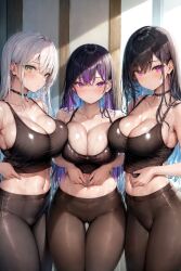 2023 3girls ai_generated ai_hands anime_nose black_hair breasts brown_hair cleavage female green_eyes gym_uniform hips holaraai huge_breasts light-skinned_female light_skin long_hair navel original original_character purple_eyes purple_hair slim_waist sports_bra sportswear stable_diffusion sweat sweaty_body thick_thighs thigh_gap thighs undercolor_(hair) wet wet_body white_hair wide_hips yoga_pants