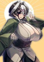 alternate_costume big_breasts black_and_white_hair black_eyes blush cleavage cosplay facial_markings female female_only haori huge_breasts japanese_clothes kingofbandit156 made_in_abyss mature_female necklace obi ozen short_hair smile solo tsunade_(cosplay) two_tone_hair wide_hips