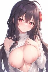 1girls ai_generated alternate_costume alternate_hairstyle areolae bangs big_breasts blush breasts bright_pupils brown_hair exposed_breasts expressionless female female_focus female_only genshin_impact hu_tao_(genshin_impact) huge_breasts large_breasts light-skinned_female light_skin long_hair looking_at_viewer nai_diffusion nipples nude nude_female partially_clothed pink_nipples red_eyes ribbed_sweater simple_background solo solo_female solo_focus stable_diffusion sweater upper_body white_background white_sweater
