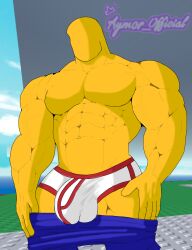 artist_request aymor_official bulge cloud front_view male male_only muscular no_face ocean pants pants_down pecs roblox robloxian shadow solo solo_male source_request tagme underwear veins yellow_body