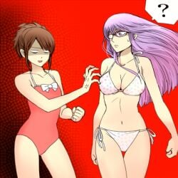 2girls 3mm ? big_breasts bikini breast_envy brown_hair female female_only flat_chest gintama glasses jealous long_hair looking_at_another lowres official_alternate_costume one-piece_swimsuit ponytail purple_hair red_background sarutobi_ayame shimura_tae side-tie_bikini sweatdrop swimsuit thigh_gap white_bikini