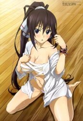 bandaged_chest bandages big_breasts blue_eyes breasts brown_hair cleavage infinite_stratos kneeling large_breasts long_hair looking_at_viewer official_art on_knees open_shirt panties ribbon sarashi shinonono_houki teasing teasing_viewer toned_stomach underboob undressing wet white_panties white_ribbon wooden_floor wristband