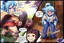 2girls aqua_(konosuba) ass black_panties blue_hair blush cameltoe comic crying embarrassed gigaq kono_subarashii_sekai_ni_shukufuku_wo! manga megumin multiple_girls omorashi panties pantyshot pee_stain peeing peeing_self shimapan speech_bubble striped_panties upskirt urinating_female urination urine urine_pool urine_stream wetting wetting_self witch_hat