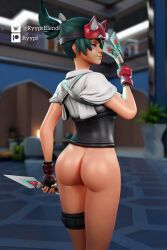 1girls 3d ass female green_eyes green_hair holding_weapon japanese japanese_clothes kiriko_(overwatch) kiriko_kamori overwatch overwatch_2 ryyprblend