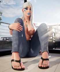 3d alternate_version_available ark_(fortnite) balcony big_breasts black_hair blender blue_lipstick blue_makeup blue_nail_polish blue_nails bottomwear breasts clothed clothing detailed_background ear_piercing earrings epic_games feet female female_focus female_only fortnite half-dressed half_naked highres jeans lewdrex lipstick long_hair looking_at_viewer makeup nose_piercing nude nude_female oil oiled oiled_skin oily on_floor peants piercing piercings presenting presenting_breasts sandals shadow shiny shiny_skin shoes sitting solo solo_focus spread_legs sun sunlight sunrays thick_thighs topless watermark white_hair