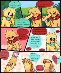 2boys anthro bandage bandages black_sclera blush cape comic comic_page confused dialogue fox_yao31 furry furry_only gay golden_retriever hand_on_face handholding mikecrack mikecrack.exe outside red_eyes spanish_dialogue spanish_text tagme white_eyes wholesome yaoi yellow_fur