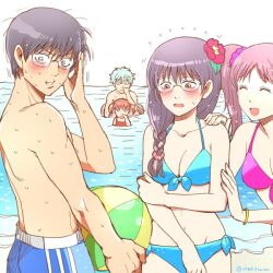 2boys 3girls 3mm alternate_costume beach being_watched bikini blue_bikini blush braid braided_hair brown_hair cleavage embarrassed female flower_in_hair gintama gintoki_sakata glasses kagura_(gintama) kirara_(gintama) looking_away male multiple_boys multiple_girls nervous shimura_shinpachi shy side-tie_bikini single_braid sisters sweatdrop swimsuit teen_boy teenage_girl teenager topless_male urara_(gintama) watching