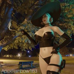 3d alcina_dimitrescu annoyed apexrainbow163 big_breasts big_hat blender blender_cycles cigarette_holder collar corset hat latex latex_corset latex_gloves latex_thighhighs mature_female outdoors outside pale_skin resident_evil resident_evil_8:_village thick_thighs