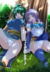 2girls against_tree aqua_eyes armor bare_arms bare_legs bare_thighs blush boots breasts clothes_lift elbow_gloves female female_only fingerless_gloves fire_emblem fire_emblem:_the_blazing_blade florina_(fire_emblem) gloves green_eyes green_hair headband holding_hands japanese_text kisaragi_setsu_(mssk8485) large_breasts legs long_hair looking_at_viewer lyn_(fire_emblem) medium_breasts multiple_girls nintendo open_mouth outdoors panties pelvic_curtain pelvic_curtain_lift ponytail purple_hair short_sleeves sitting skirt skirt_lift sleeping smile stick text thick_thighs thigh_boots thighs translation_request tree tree_branch underwear upside-down upskirt very_long_hair waking_up white_panties yuri