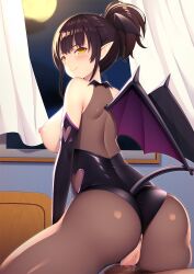 1boy anus ass bangs black_gloves black_hair black_leotard blush breasts brown_pantyhose censored clothing_cutout cowgirl_position demon_girl demon_tail demon_wings elbow_gloves female gloves grinding heart_cutout highres large_breasts leotard looking_at_viewer looking_back male_pubic_hair mijinko_(rioriorio) mosaic_censoring nipples open_window original pantyhose penis pointy_ears pubic_hair pussy short_hair short_ponytail smile solo_focus straight tail window wings yellow_eyes