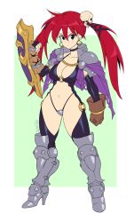 1girls armor artist_name big_breasts blue_eyes breasts busty child_bearing_hips cleavage female female_only fully_clothed highres large_breasts legs long_hair looking_at_viewer navel original red_hair revealing_clothes shield skimpy_clothes solo thighs thong twintails voluptuous zeshgolden