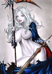 1girls blue_cape breasts cape chaos_comics coffin_comics death_(personification) dual_wielding ed_benes_studio female female_only frank_lima goddess grim_reaper hair hi_res high_resolution holding_object holding_scythe holding_sword holding_weapon lady_death lipstick long_hair makeup mound_of_venus multicolored_cape naked_cape naked_female no_pupils queen_of_the_dead red_cape red_lipstick red_makeup scythe seductive_look sword two-tone_cape voluptuous voluptuous_female weapon white_body white_hair white_sclera white_skin