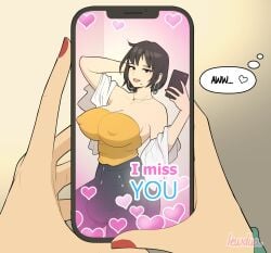 1futa 1girls alison_(lewdua) big_breasts black_hair breasts bulge clothed clothing faceless female female_pov fully_clothed futa_focus futanari human lewdua light-skinned_futanari light_skin nipple_bulge original phone picture pov red_nails solo_focus standing thick_thighs wide_hips