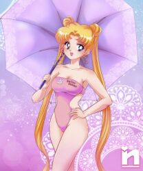 1girls big_breasts bishoujo_senshi_sailor_moon blonde_hair blue_eyes breasts busty cleavage double_bun female female_only hair_bun hand_on_hip highres large_breasts legs leotard long_hair looking_at_viewer one-piece_swimsuit open_mouth race_queen saotome_nanda small_breasts smile solo swimsuit thighs twintails umbrella usagi_tsukino watermark