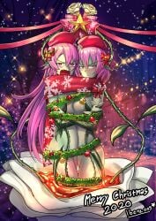 2girls alraune_(existence) blush blushing christmas christmas_night christmas_outfit christmas_tree embarrassed european_mythology existence flower forest fused fusion green_skin hat hug ibenz009 jungle legs_mended legs_together liliraune_(monster_girl_encyclopedia) long_hair merged merging merry_christmas monster_girl monster_girl_encyclopedia mythology nectar night pink_hair plant_girl plant_transformation post_transformation purple_hair red_hat snow snowing symmetrical_docking turned_on vines white_flower wrapped wrapped_together wrapped_up