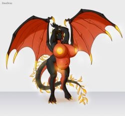 anthro big_breasts black_body breasts claws deodrac dragon dragon_wings female genitals hands_behind_head inflated_belly inflated_breasts navel nipples nude pussy red_body simple_background solo standing wings yellow_claws yellow_eyes yellow_nipples yellow_pussy