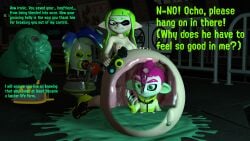 3d agent_3_(splatoon) agent_8_(splatoon) belly_button big_belly bloated_belly captain_(splatoon_3) commander_tartar crying dialogue green_hair hyper_belly inflation inkling inkling_girl mutant octarian one_eye_closed orange_eyes outie_navel sfm source_filmmaker splatoon tears unwilling_pred unwilling_vore vore