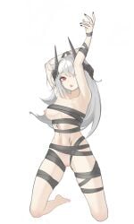 absurdres arknights armpits arms_up ass_visible_through_thighs bangs barefoot black_nails black_ribbon breasts collarbone female full_body grey_hair highres horns kneeling long_hair looking_at_viewer medium_breasts moyu_(user_fdkc7273) mudrock_(arknights) nail naked_ribbon navel nipples nude one_breast_out open_mouth pussy red_eyes ribbon solo stomach tongue tongue_out uncensored