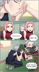 1boy 1girls anilingus ass bed bike_shorts clothes comic dialogue eating_ass feet foot_fetish foot_lick green_eyes grey_hair hatake_kakashi licking_foot lustysun naruto naruto_(series) naruto_shippuden pink_hair rimming sakura_haruno socks soles stinky_feet text toes