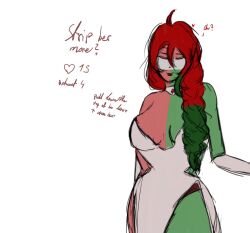 austria-hungary_(countryhumans) breasts cleavage closed_eyes clothed clothing countryhumans countryhumans_girl english_text eyebrows eyelashes eyes_closed female female_only green_hair green_skin long_hair neckwear queen red_hair red_jewel red_skin skinny text white_clothing