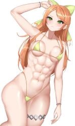 1girls abs alternate_costume armpits bare_arms bare_shoulders bare_thighs bikini breasts collarbone etie_(fire_emblem) female female_only fire_emblem fire_emblem_engage frown green_bikini green_eyes green_swimsuit long_hair looking_at_viewer medium_breasts nintendo orange_hair revealing_clothes sharen shoulders sideboob skindentation solo swimsuit thick_thighs thighs underboob white_background