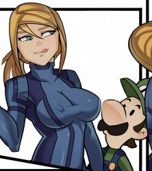 1boy 1girls big_breasts blonde_hair bodysuit breasts crossover dominant_female erect_nipples female green_eyes height_difference larger_female licking_lips long_hair looking_up_at_partner luigi male male/female mario_(series) metroid nintendo nipple_bulge plumber samus_aran skin_tight smaller_male splashbrush zero_suit zero_suit_samus