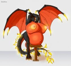 anthro big_breasts black_body breasts claws deodrac dragon dragon_wings female hands_behind_head inflated_belly inflated_breasts navel nipples nude red_body simple_background solo standing wings yellow_claws yellow_eyes yellow_nipples