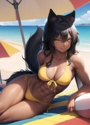 abs ai_generated aiwildly animal_ears anime_nose beach bikini dark_skin muscular_female nai_diffusion original original_character smile stable_diffusion wolf_ears yellow_bikini