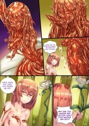 2girls ass blue_eyes brown_hair comic_page fused fusion ibenz009 large_breasts liliraune_(monster_girl_encyclopedia) medium_breasts merged merging monster_girl_encyclopedia nectar nipples nude plant_girl plant_transformation pointy_ears red_hair transformation