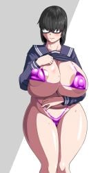 1girls big_breasts bikini black_hair breasts busty curvaceous curvy curvy_body curvy_female curvy_figure female glasses huge_breasts large_breasts lifting_clothing micro_bikini ml naughty nerd nerdy_female oneekyou original original_character pink_bikini plump school_uniform schoolgirl thick_thighs thighs voluptuous wide_hips