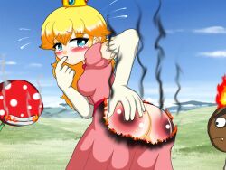 1girls ass blonde_hair blue_eyes bubble_ass bubble_butt burn burned burned_clothing butt butt_on_fire exposed_ass female female_focus fire goomba hot_burns maiga858 mario_(series) piranha_plant plant princess_peach