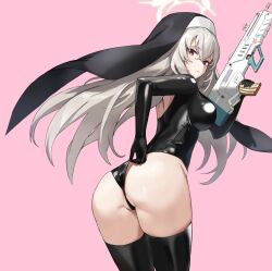 1girl 1girls adjusting_clothes anus anus_peek ass black_leotard black_thighhighs blue_archive breasts closed_mouth elbow_gloves female from_behind gloves grey_hair gun halo highres holding holding_gun holding_weapon justina_follower_(blue_archive) kuza_brs large_breasts latex latex_leotard latex_nun leaning_forward leotard long_hair looking_at_viewer looking_back nun partially_visible_vulva pink_background purple_eyes sakurako_(blue_archive) simple_background sisterhood_(blue_archive) solo thighhighs trinity_general_school_student very_long_hair weapon