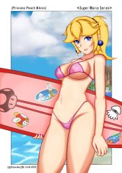 1girls artist_name beach big_breasts bikini blonde_hair blue_eyes breasts busty cleavage female female_only highres legs lipstick looking_at_viewer makeup mario_(series) navel nintendo parted_lips pink_bikini pink_lips ponytail princess princess_peach sensual smile super_mario_sunshine surfboard swimsuit thighs thong_bikini voluptuous water