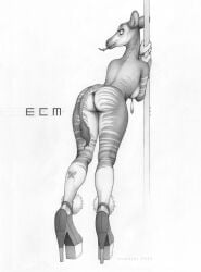 anthro ass breasts clothing ecmajor female footwear genitals giraffid hi_res high_heels horizontal_pupils mammal monochrome okapi pasties piercing platform_footwear platform_heels pole pupils pussy solo tongue tongue_piercing