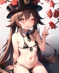 ai_generated bangs bare_arms bare_shoulders bikini black_bikini black_headwear blush breasts brown_eyes brown_hair collarbone detached_collar female flower flower-shaped_pupils front-tie_bikini_top front-tie_top genshin_impact hair_between_eyes hand_up hat hat_flower hu_tao_(genshin_impact) long_hair looking_at_viewer micro_bikini navel necktie one_eye_closed plum_blossoms red_eyes red_flower short_necktie side-tie_bikini_bottom sitting small_breasts smile solo stable_diffusion stlow7 stomach string_bikini swimsuit symbol-shaped_pupils thighs top_hat twintails v very_long_hair