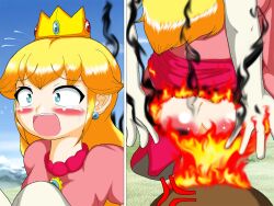 1girls ass blonde_hair blue_eyes bubble_ass bubble_butt burn burned burned_clothing butt butt_on_fire fail female female_focus fire goomba hot_burns hurt maiga858 mario_(series) princess_peach