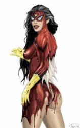 1girls artist_request ass big_ass black_hair curvy curvy_female dat_ass jessica_drew light-skinned_female marvel ripped_clothing solo spider-woman straight_hair superheroine wide_hips