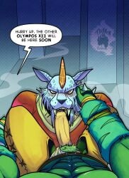 absurd_res anthro bandai_namco blush dialogue digimon digimon_(species) english_text fellatio foreskin genitals hi_res humanoid_genitalia humanoid_penis looking_at_viewer male male/male male_anthro marsmon merukimon oral penile penis pubes sex text thekinkybear uncircumcised