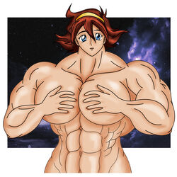 1girls abs blue_eyes breasts brown_hair extreme_muscles female g_gundam gundam hairband hand_on_breast hands_on_chest looking_at_viewer mariangts muscle muscles muscular muscular_female no_bra nude oblivionpar open_mouth rain_mikamura short_hair solo