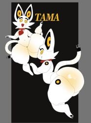 2025 :d anthro ass big_butt bottom_heavy collar colored digital_drawing_(artwork) digital_media_(artwork) eyebrows eyelashes female fox_ears happy hi_res holding_leg holding_leg_up huge_butt hyper hyper_butt ic0nmon machine robot robot_anthro smile solo tail tama_(ic0nmon) teapot_(body_type) text white_body yellow_eyes
