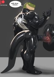 2025 absurd_res anthro big_muscles big_penis black_latex bodysuit clothing cxcxxcxxxx dialogue english_text erection genitals green_body hi_res huge_cock latex latex_bodysuit latex_clothing latex_skinsuit male marvel multicolored_body multicolored_bodysuit multicolored_clothing multicolored_skinsuit muscular muscular_anthro muscular_male penis reptile scalie skinsuit solo speech_bubble standing symbiote tail tan_body text tight_clothing two_tone_body two_tone_bodysuit two_tone_clothing two_tone_skinsuit venom_(marvel) white_latex yellow_eyes