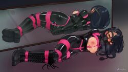 armbinder arms_behind_back black_boots black_hair blush bodysuit bondage boots bound bound_arms bound_legs breast_cutout breasts brown_eyes crotch_rope dildo female full_body gag gag_harness gagged hayase_nagatoro highres knee_boots latex latex_bodysuit long_hair looking_at_viewer lumpychan lying medium_breasts mirror nipples object_insertion on_side panel_gag please_don't_bully_me,_nagatoro pussy_juice restrained sex_toy shibari_over_clothes solo vaginal_object_insertion vaginal_penetration