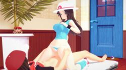 1girls bangs barefoot bedroom_window bikini blue_bikini blue_headwear blue_panties blue_shirt blurry blurry_background blurry_foreground breasts brown_eyes brown_hair depth_of_field emblem female hat holding indoors instrument leaning_back long_hair looking_at_viewer lying medium_breasts motion_blur mouth_hold navel no_pants on_back open_mouth panties plant school_uniform shirt sitting skirt smile solo standing striped striped_panties swimsuit tulip_hat underwear white_shirt