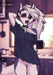 1girls absurd_res animal_ears anthro areola beverage biped black_clothing black_collar black_eyebrows black_eyeshadow black_shirt black_topwear blurred_background bottomless bottomless_anthro bottomless_female breasts canid canid_demon canine casual_exposure clothed clothed_anthro clothed_female clothing collar container covered_nipples cup demon ear_piercing eyebrow_through_hair eyebrows eyelashes eyeshadow fangs female female_anthro fingers front_view fur furry genitals grey_body grey_fur grey_hair hair hand_behind_head heart_symbol hellhound helluva_boss hi_res holding_beverage holding_container holding_cup holding_object horn innie_pussy iris long_hair looking_at_viewer loona_(helluva_boss) makeup mammal multicolored_body multicolored_fur mythological_canine mythological_creature mythology nipple_outline nipples no_bra no_panties no_underwear notched_ear off_shoulder one_eye_closed open_mouth piercing pink_tongue portrait pupils pussy red_sclera sharp_teeth shen_hokori shirt small_breasts solo spiked_collar spikes standing tail teeth three-quarter_portrait tongue topwear torn_clothing torn_shirt torn_topwear translucent translucent_clothing translucent_hair translucent_shirt translucent_topwear white_body white_eyes white_fur white_hair white_inner_ear wolf wolf_girl yawn