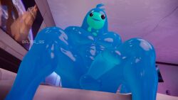1boy abs blue_skin completely_nude couch erection fortnite from_below indoors looking_at_viewer muscular muscular_male nude penis rippley_(fortnite) sitting smile solo spread_legs uncensored