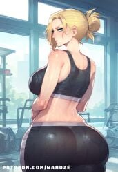 ai_generated annie_leonhardt annoyed arms_behind_head attack_on_titan big_ass big_breasts big_butt big_thighs blonde_hair blue_eyes blush expressionless fitness from_behind gym gym_clothes huge_ass huge_breasts huge_butt huge_thighs sports_bra sportswear wanuze wet wet_body wide_hips workout workout_clothes