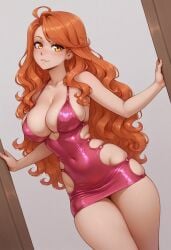 ahoge ai_generated blush blush lipstick long_hair lugame orange_hair stacey_(lugame) tight_clothing voluptuous voluptuous_female yellow_eyes